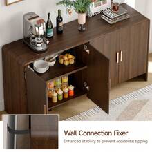 ONBRILL 60" Sideboard Buffet Cabinet With Storage, Curved Design Farmhouse Coffee Bar Cabinet With 4 Doors & Adjustable Shelves, Mid-Century Modern Sideboard Cabinet For Living Room, Kitchen, Hallway, Walnut - 棕色 - 查看 8