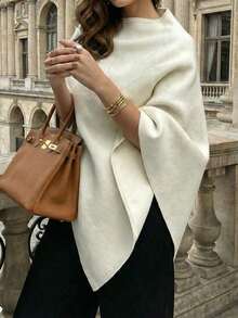 Women's Asymmetric Poncho Style Sweater, Round Neck Batwing Sleeve Knit Top - Beige - View 2