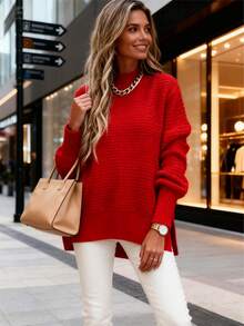 Women's Oversized Mock Neck Sweater Multi-Color Textured Knit, Warm Stylish Pullover For Fall Winter - Đỏ - Xem 4