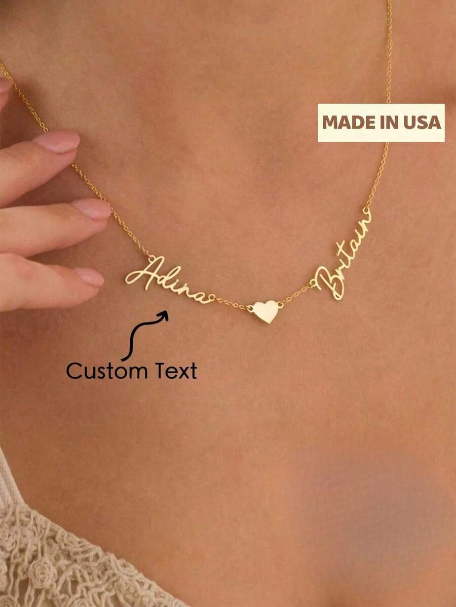A Warm Love Customized Stainless Steel Necklace With Two English Names And A Heart, Eternal Love, Romantic Couple Necklace, Made Of Stainless Steel Material, Perfect For Birthday And Holiday Gifts For Your Friends, Partners And Family On Christmas, Thanksgiving, Valentine's Day, Birthdays And Anniversaries Gold Stylish, Simple, Casual Custom, Personalized, Unique Ideal Gifts For Her, School Supplies, Back To School, For Teacher Gifts, For Dorm Rooms, Chic Autumn - Multicolor - View 1