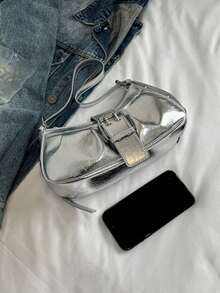 1 pieza Bolso de hombro/axila de mujer de gran capacidad, de cuero sintético suave con efecto ombré, decorado con remaches, estilo vintage motero punk, con correa ajustable, adecuado para trabajo, viajes, citas, fiestas - Plateado - Ver 7