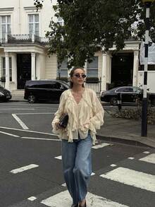 Stylish Solid Color Front Button Pleated Ruffle Hem Long Sleeve Top For Women Women's Elegant V-Neck Long Ruffle Sleeve Button Front Cardigan Blouse - White - View 3