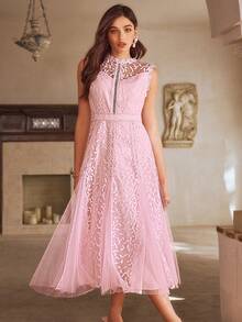 Simplee Vestido de mujer de primavera/verano con cuello redondo sin mangas, con inserto de tul en el bajo, con detalles elegantes de encaje, adecuado para fiestas y bodas, color rosa - Rosa - Ver 6