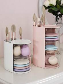 1/2pcs Minimalist Rotating Makeup Organizer Box, Small Desktop Makeup Sponge, Makeup Brush, Hair Tie, Hair Clip Storage Box, Makeup Sponge Holder, Rotating Dustproof Vanity Organizer - Multicolor - View 5