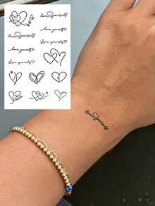 CAT QUEEN ART 临时手指纹身贴纸，简约精致线条心形贴心迷你设计，适用于手指、耳朵、肩膀、脖子、锁骨等部位，DIY、情人节、狂欢节、派对礼物皆宜，天然植物成分，防水，逼真纹身贴纸，可持续1-2周。 - 藍色 - 查看 16