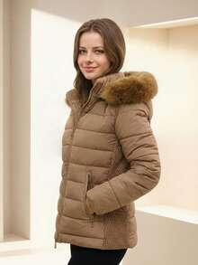 女士修身冬季外套，带风琴褶和毛领，保暖且带口袋 - 适合外出、冬季、万圣节、新年及各种场合 - 棕色 - 查看 5