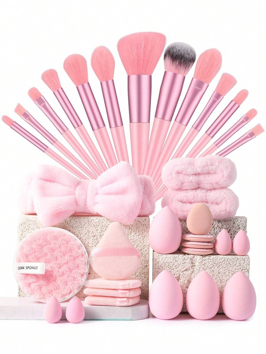 33PCS Pro-Grade Complete Makeup Set: 13PCS Dense Makeup Brushes + Replacement Sponges/Puffs + Cleansing Sponge – Perfect For Full-Face Glam & Stock-Up - Pink - View 1