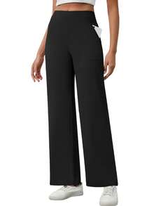 High Waist Black Yoga Pants With Pockets - 1 PC Straight Leg Lounge Pants, Tummy Control & Comfort, Casual Chic Style - màu đen - Xem 6