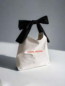 Personalized Name Canvas Tote Bag With Elegant Black Satin Ribbon, French Style Shoulder Bag, Customizable Single Initial, Suitable For Baby Shower Gift, Mom Bag, Valentine's Day Gift - Multicolor - View 9