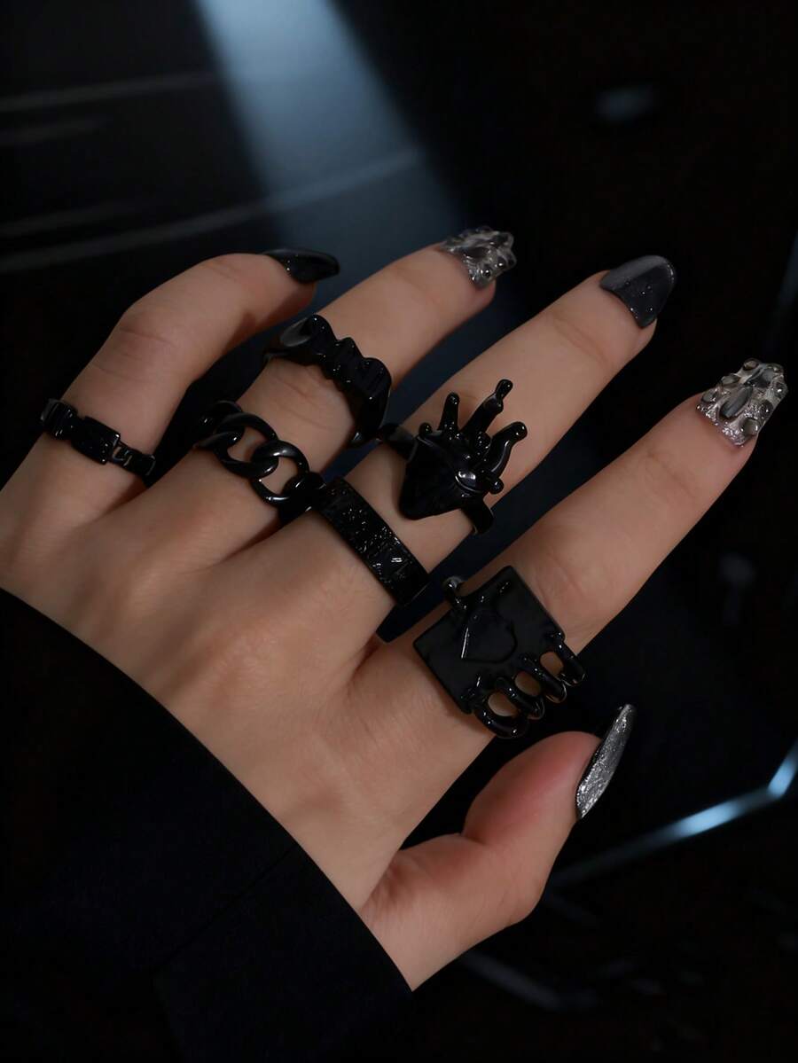 6件套朋克风做旧心形字母设计戒指套装（女士款） - 黑色 - 查看 1