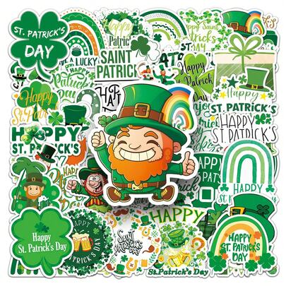 50pcs St. Patrick's Day Stickers With Lucky Atmosphere, Clover Elements, Holiday Series, Suitable For Scrapbooking, Diaries, Laptops, Water Bottles, Cars, Faith-Based Designs, Gifts With Positive Messages
