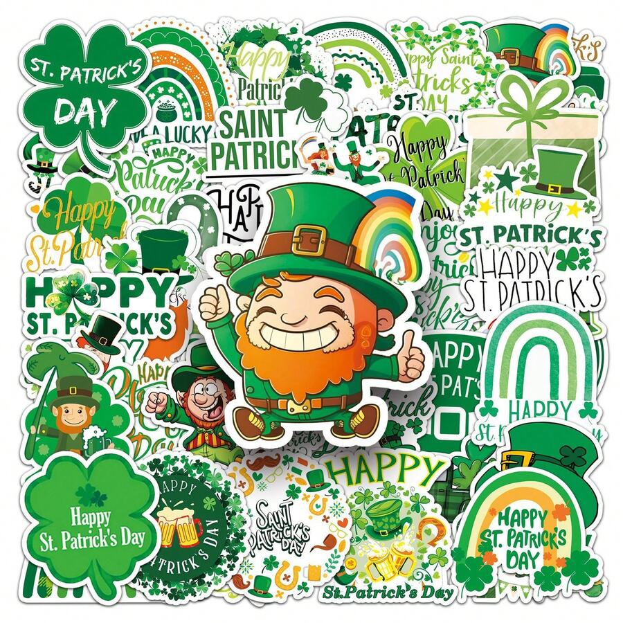 50pcs St. Patrick's Day Stickers With Lucky Atmosphere, Clover Elements, Holiday Series, Suitable For Scrapbooking, Diaries, Laptops, Water Bottles, Cars, Faith-Based Designs, Gifts With Positive Messages - 50pcs - View 1