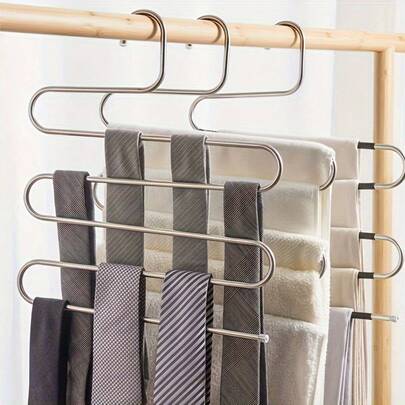 5-Tier Stainless Steel S-Shaped Pants Rack | Non-Slip Multi-Layer Storage Rack Suitable For Wardrobe, Ideal For Jeans And Trousers, Space-Saving Wardrobe Organizer