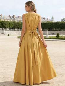 夏季镂空优质圆领无袖休闲连衣裙（女款） - 黃色 - 查看 3