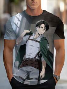3D Printed Anime Character T-Shirt For Men | Lightweight, Short Sleeve, Crew Neck, Regular Fit, Gray And Green Design, Casual Wear For Home, Office, Or Outdoor Activities, Slight Stretch Fabric, Summer Season - 黑色 - 查看 1