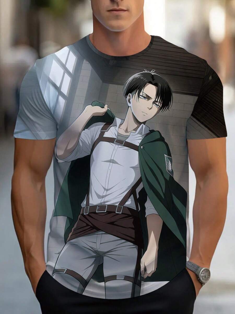 3D Printed Anime Character T-Shirt For Men | Lightweight, Short Sleeve, Crew Neck, Regular Fit, Gray And Green Design, Casual Wear For Home, Office, Or Outdoor Activities, Slight Stretch Fabric, Summer Season - 黑色 - 查看 1