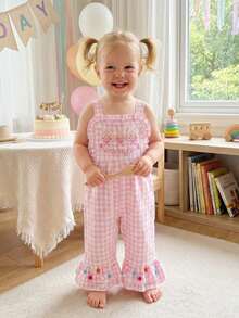 Little Girls Birthday Cami Jumpsuit Sleeveless Letter Balloon Embroidery Plaid Suspender Flared Pants - 粉色 - 查看 3