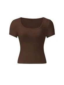 2 chiếc áo thun nữ cổ chữ U tay ngắn, màu trơn thời trang, kiểu dáng casual đa năng, ôm sát, thích hợp cho mùa hè. - Nhiều màu - Xem 4