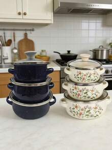 3 قطع طقم أواني طهي مطلية بالمينا متعددة الألوان، قدر طهي مطلي بالمينا سميك ذو مقبضين، متعدد الاستخدامات للموقد الغازي والحثي، يشمل قدر الحساء وقدر الحليب وطبق مينا كرتوني جميل - وعاء المينا - مشاهدة 1