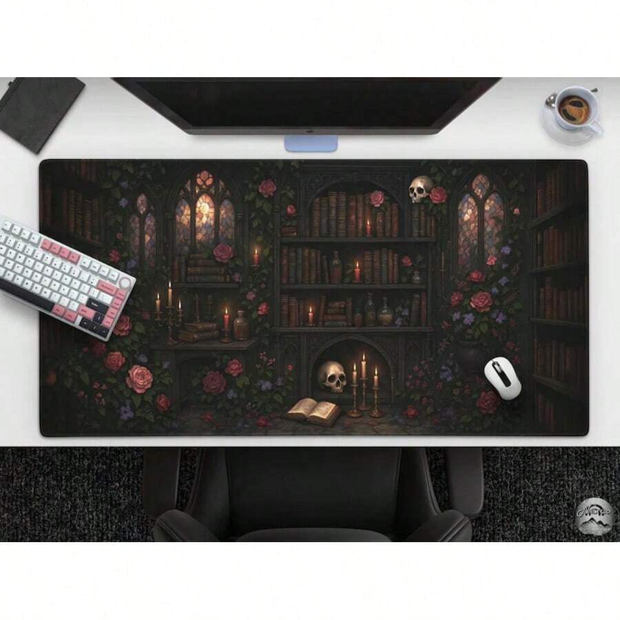 Gothic Witchy Bookshelf Mousepad, Floral Dark Academia Desk Ma, Books Skulls & Candles, Occult Lover Gift For Home Office, Bookish Decor - Hình chữ nhật - Xem 1