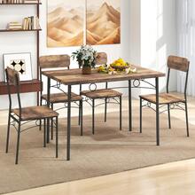 COSTWAY Modern Dining Table Set For 4, 5-Piece Kitchen Table Set W/Rectangular Table & 4 Chairs, Metal Frame, Wood Grain Surface, Space-Saving Dining Room Furniture Set For Home, Cafe, Restaurant, Brown - Brown - View 1