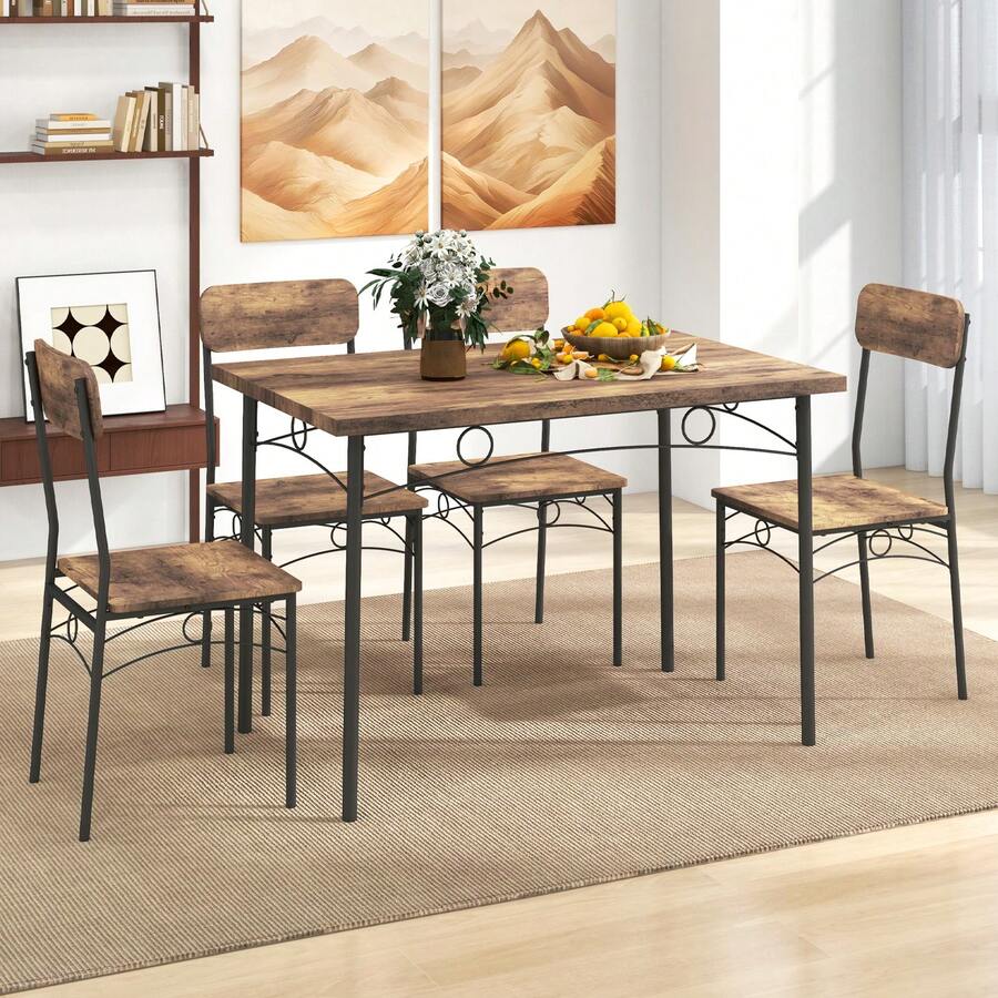 COSTWAY Modern Dining Table Set For 4, 5-Piece Kitchen Table Set W/Rectangular Table & 4 Chairs, Metal Frame, Wood Grain Surface, Space-Saving Dining Room Furniture Set For Home, Cafe, Restaurant, Brown - Brown - View 1