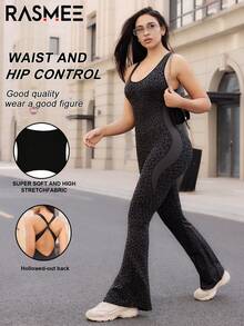 1 pieza Mono de yoga sin costuras para mujer, diseño de estampado de leopardo en todo el Body, tirantes cruzados en la espalda, pierna acampanada, adecuado para entrenamiento, yoga, correr, senderismo, fitness y uso casual en casa, color negro - Negro - Ver 4
