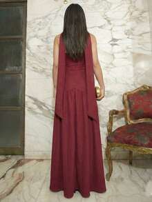 Minimalist Strapless Long Dress With Scarf Detail, Elegant Premium Wedding Dress For Bridesmaids - 紅木色 - 查看 3