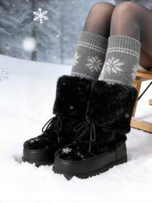 Women's Winter Furry Snow Boots Lace Up Round Toe Platform Boots Punk Goth Warm Fur Winter Snow Outdoor Shoes For Women - 黑色 - 查看 2
