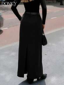 DONICY Chân váy maxi bút chì cạp cao xẻ tà màu trơn dành cho nữ, kiểu dáng thời trang cổ điển thanh lịch, đa năng, phù hợp cho mặc hàng ngày, công sở, hẹn hò và các buổi gặp gỡ. - màu đen - Xem 3