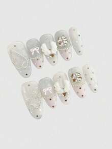 10pcs Angel White Nail Stickers: Wings/Bow/Rhinestone Decor. Perfect For Dates, Party Nights, Cosplay, And Cute Daily Looks. Reusable, Easy To Apply/Remove, Romantic & Dreamy. Pair With Pastel Dresses, Lolita Style, And Casual Sweet Outfits. Ideal Choice For Fashion Lovers Who Adore Ethereal Vibes And Seek Easy Nail Art. - Multicolor - View 4