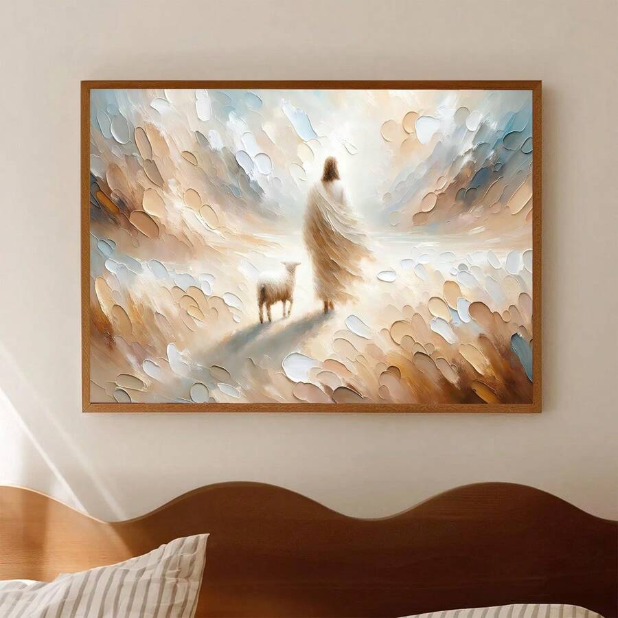 1pc Framed Canvas Poster, Religious Art Theme, Depicting God Leaving The Ninety-Nine Sheep To Find The Lost Lamb. Ideal Decor For Bedroom, Living Room And Hallway, Can Serve As Wall Art Or Seasonal Decoration To Add A Wintry Ambiance To Any Space. Jesus Themed Decorative Painting, Home Decor Poster, Room Decoration, Housewarming Gift. - Multicolor - View 1