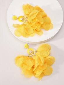 1对手工制作黄色雪纺布花朵流苏耳环，适合女性参加派对、舞会、热带海滩度假等场合，波西米亚风格饰品 - 黃色 - 查看 7