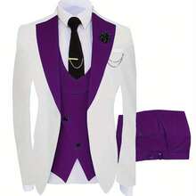 A Three-Piece Suit For Groomsmen, Featuring A Slim Fit Tuxedo Ideal For Wedding Dances, Includes A Stylish Jacket, Trousers, Vest, Tie, Tie Clip, Handkerchief, Two Cufflinks, A Boutonniere, And A Brooch For Formal Occasions - 紫色 - 查看 1