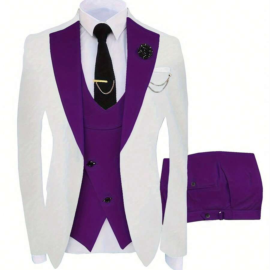 A Three-Piece Suit For Groomsmen, Featuring A Slim Fit Tuxedo Ideal For Wedding Dances, Includes A Stylish Jacket, Trousers, Vest, Tie, Tie Clip, Handkerchief, Two Cufflinks, A Boutonniere, And A Brooch For Formal Occasions - 紫色 - 查看 1