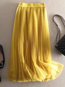 LuminousWealth 女士优雅褶裥网纱 A 字裙，适合休闲或办公场合穿着，简约优雅 | 涤纶网纱裙，四季皆宜，非常适合新年、派对和春季穿着 - 黃色 - 查看 2