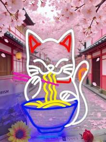 1pc Neon Sign LED Neon Light Sign With Cat Eating Ramen Noodles Design, Suitable For Wall Decor, Commercial Restaurant, Ramen Shop, Kitchen Decor, Advertising Window Sign - Cat Eating Noodles - View 9