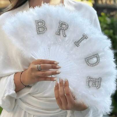 1pc Faux Feather Fan, Pearl Bridal Feather Fan, Single Piece Lady Party Wedding Decor, Handheld Fan, Suitable For Clothing Accessories And Party Decor, Also Applicable For Weddings, Summer Birthdays, Beaches, Back To School, Stationery And Room Decor