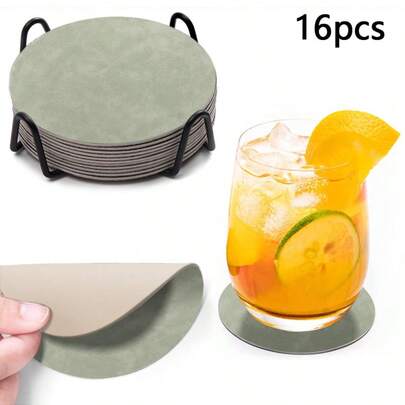 16pcs Coasters + 1pc Coaster Holder - 10*10cm Round Coasters, Can Isolate Water Stains And Dirt, Easy To Clean And Store, Double-Sided Coasters, Suitable For Glass Mats, Wine Glass Racks, Coffee Cup Mats, Beverage Coasters, Made Of High-Quality Faux Leather And Synthetic Leather, Suitable For Desktop Protection