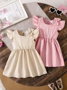 2pcs Baby Girl Princess Style Dress Set With Bowknot Ruffle Sleeve And Waist Design, Spring/Summer - Multicolor - View 2