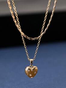 Set de 2 collares con colgante en forma de corazón con circonita cúbica y cadena aplanada de cobre como regalo del Día de San Valentín - Amarillo Oro - Ver 3