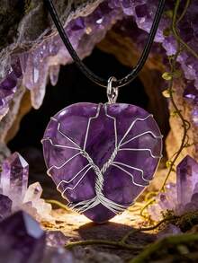 1pc Natural Amethyst Spiritual Tree Of Life Necklace - Hexagon Wrapped Heart Pendant To Enhance Energy; Healing Crystal, Ideal For Men And Women - Purple - View 21