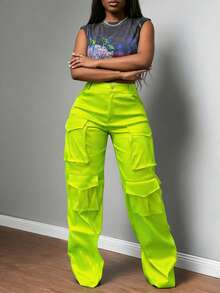 Plus-Size Women's High-Waist Wide-Leg Cargo Pants, Featuring Bold Multi-Pocket Multifunction Design, Perfect For Street Style And Festival Looks - Màu xanh chanh - Xem 4