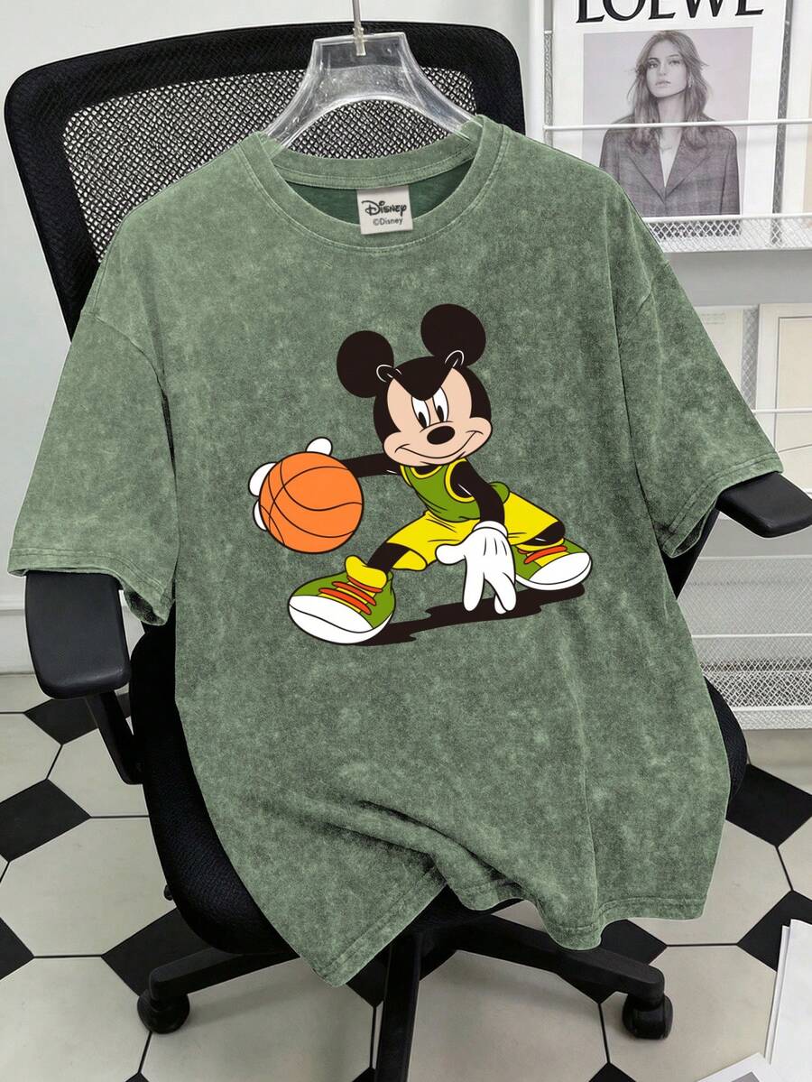 Disney Áo thun nam tay ngắn cổ tròn kiểu vintage, in hình chuột Mickey, thích hợp mặc mùa hè. - màu xanh lá - Xem 1