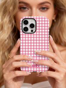 Minimalist Plaid Pattern Customized Glossy Film Hard Shell 1pc Artistic Contrast Color Name Phone Shockproof Case, 2-In-1 Full Coverage Protective Phone Cover Compatible With 11/12/13/14/15/16 17 Pro Max, Birthday Gift Anniversary Aesthetic Phone Case - Multicolor - View 5
