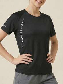 Women's Quick Dry Raglan Sleeve Active T-Shirt With Reflective Detail, Casual Letter Print Everyday & Workout Tee - Black - View 2