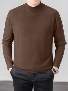 Men's Half Turtleneck Knit Sweater, Hand Wash, Solid Color, Knitted Clothing, Casual Basic Pullover Top For Spring & Autumn - Brown - View 3