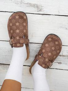 女士休闲纯色绒面革套脚穆勒拖鞋，有保暖内衬款和非保暖款可选 - 棕色印花 - 查看 3