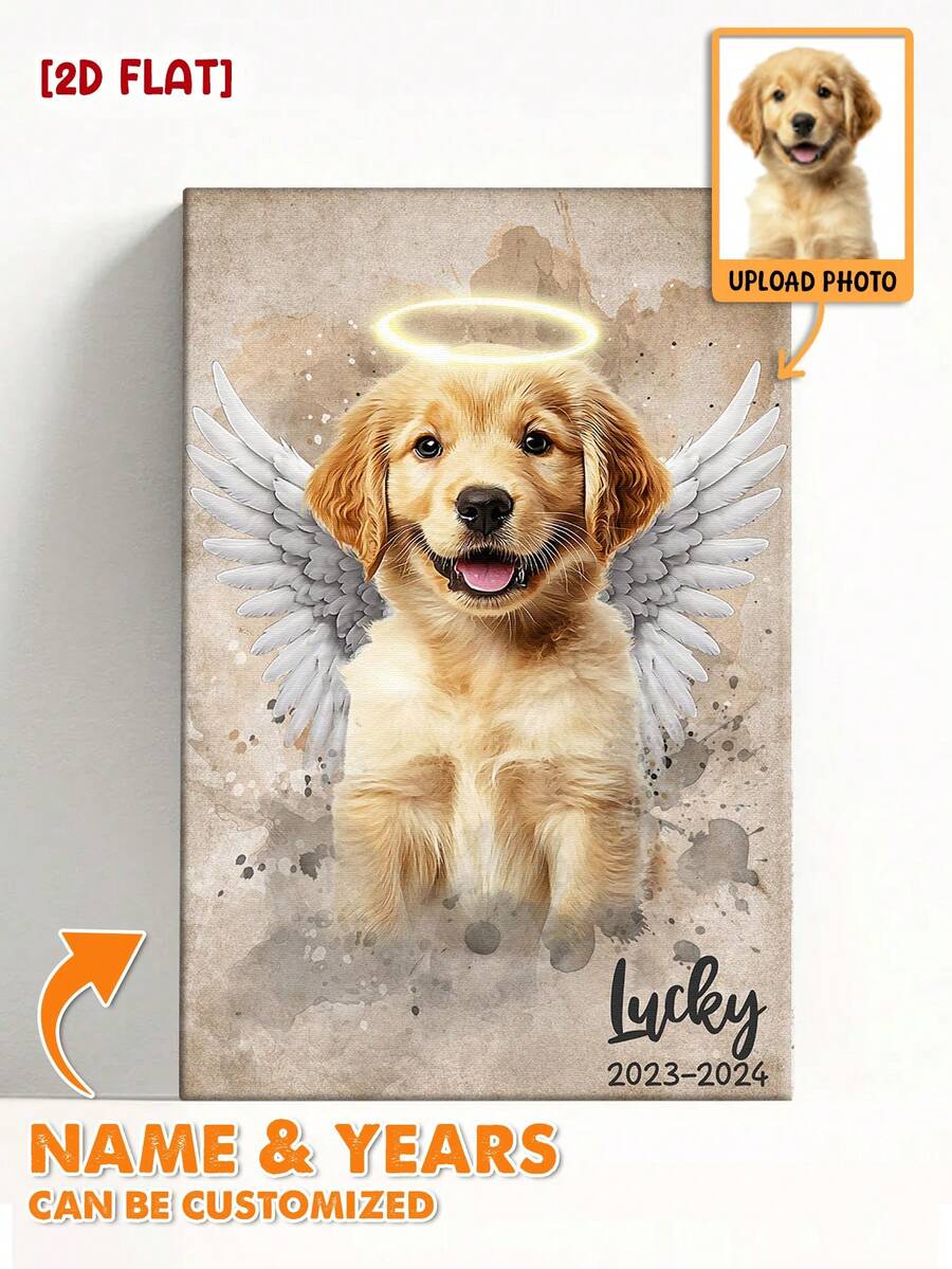 Catygift Customized Pet Memorial Canvas Angel Design, Personalized Pet Passing Gift, Upload Photo & Customize Name & Year, Cat/Dog Memorial Gift For Pet Owners
