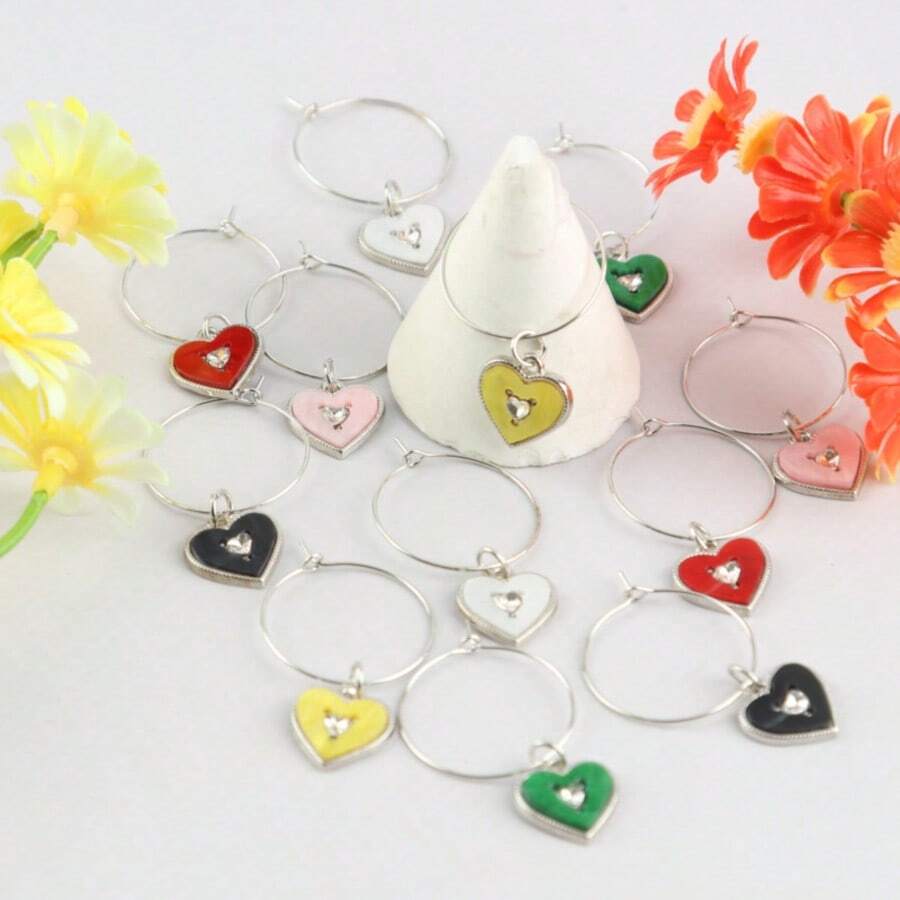 6/12pcs Heart-Shaped Wine Glass Identifiers, Suitable For Stemware, Mugs, Parties, Pools, Weddings, Birthdays And Any Celebration, Valentine's Day Gift - Multicolor - View 1
